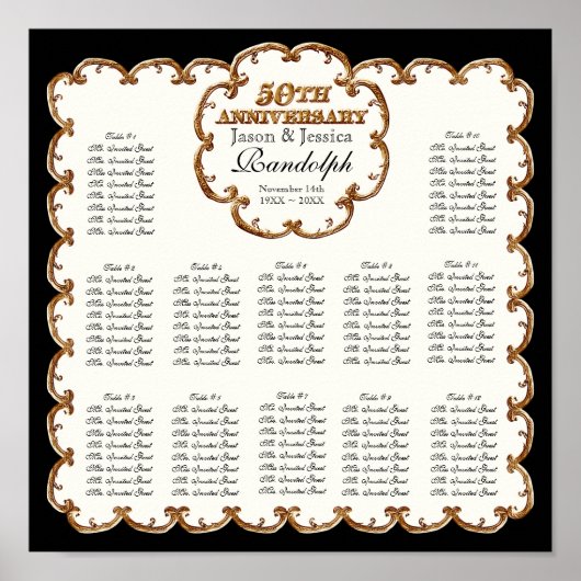 Golden French Swirl 50th Reception Seating Chart Poster (Voorkant)