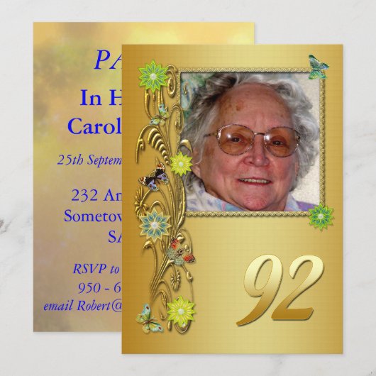 Golden Garden 92e verjaardag uitnodiging (Voorkant / Achterkant)