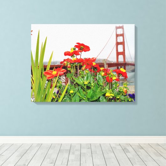 Golden Gate Bridge achter bloemen Canvas Afdruk (Insitu (Houten vloer))