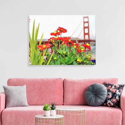 Golden Gate Bridge achter bloemen Canvas Afdruk (Insitu (Woonkamer))