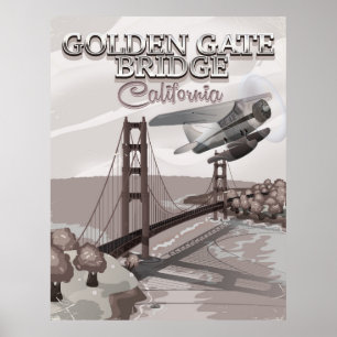 Golden Gate Bridge Californië reis cartoon sepia Poster