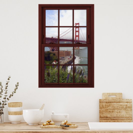 Golden Gate Bridge Faux Cherry Wood Window Poster (Keuken)