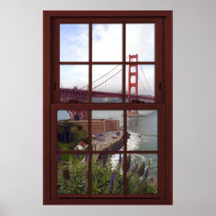Golden Gate Bridge Faux Cherry Wood Window Poster
