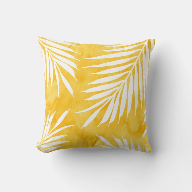 Golden Gele Waterverf Palm Fronds Silhouette Kussen (Voorkant)