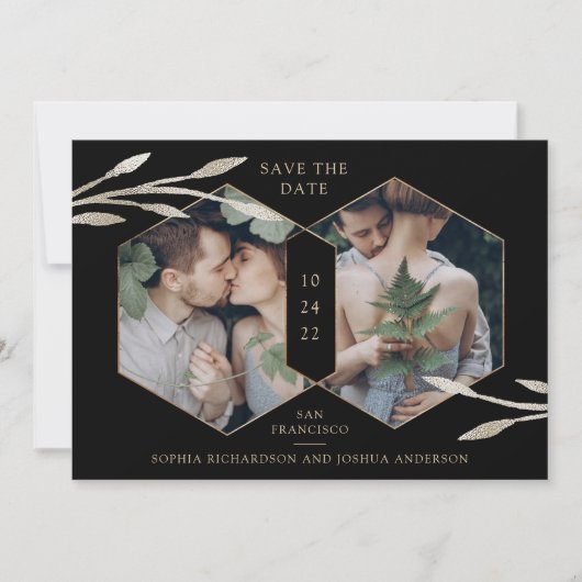 Golden Geometric | Botanische twee foto zwart Save The Date (Voorkant)