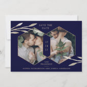 Golden Geometric | Botanische twee fotomarineblauw Save The Date (Voorkant)