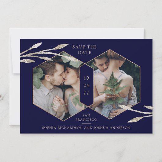 Golden Geometric | Botanische twee fotomarineblauw Save The Date (Voorkant)