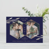 Golden Geometric | Botanische twee fotomarineblauw Save The Date (Staand voorkant)