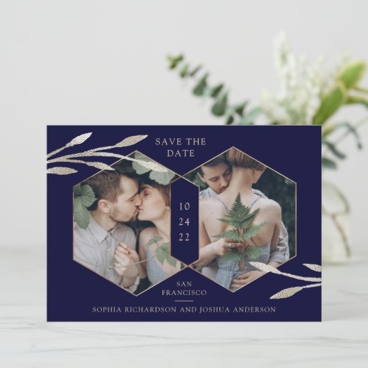 Golden Geometric | Botanische twee fotomarineblauw Save The Date (Staand voorkant)