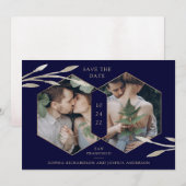 Golden Geometric | Botanische twee fotomarineblauw Save The Date (Voorkant / Achterkant)