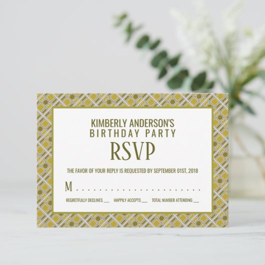Golden Geometric Pattern, Modern Birthday RSVP Kaart (Staand voorkant)