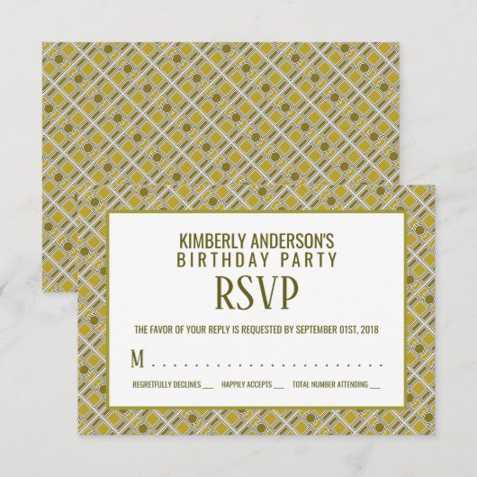 Golden Geometric Pattern, Modern Birthday RSVP Kaart (Voorkant / Achterkant)