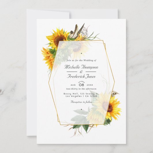 Golden Geometric Sunflower QR Code RSVP Weddenscha Kaart (Voorkant)