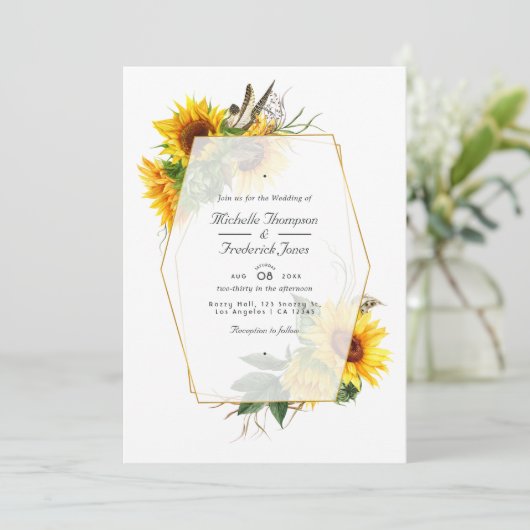Golden Geometric Sunflower QR Code RSVP Weddenscha Kaart (Staand voorkant)