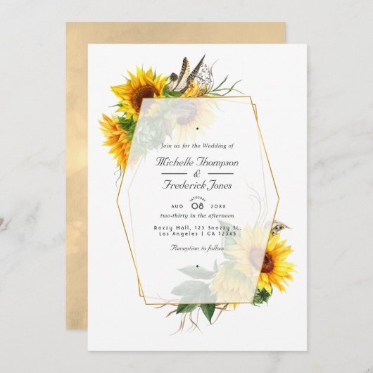 Golden Geometric Sunflower QR Code RSVP Weddenscha Kaart (Voorkant / Achterkant)