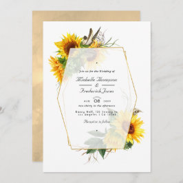 Golden Geometric Sunflower QR Code RSVP Weddenscha Kaart