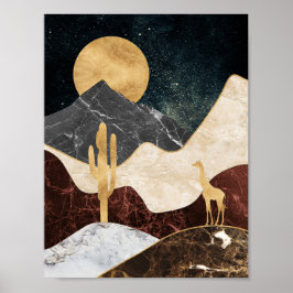 Golden Giraffe Desert Landscape & Marble Mountain Poster