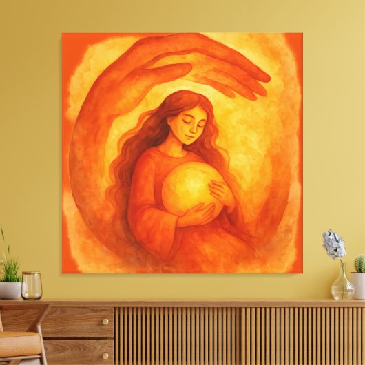 Golden Girl Holding Light Warm Protective Art Canvas Afdruk (Insitu (Woonkamer))