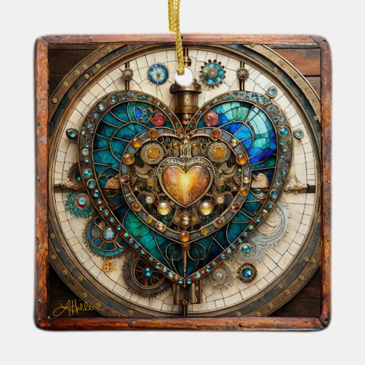 Golden Glas in lood Heart Steampunk-serie Keramisch Ornament (Voorkant)