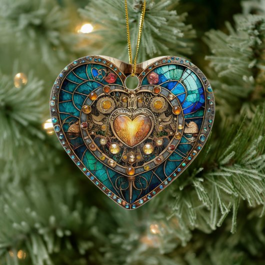 Golden Glas in lood Heart Steampunk-serie Keramisch Ornament (Boom)