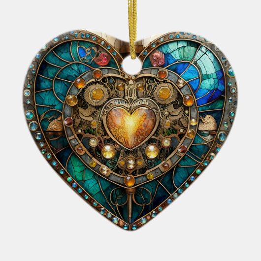 Golden Glas in lood Heart Steampunk-serie Keramisch Ornament (Voorkant)