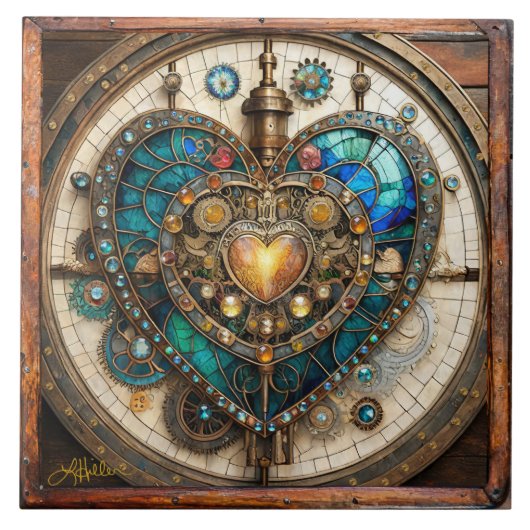 Golden Glas in lood Heart Steampunk-serie Tegeltje (Voorkant)
