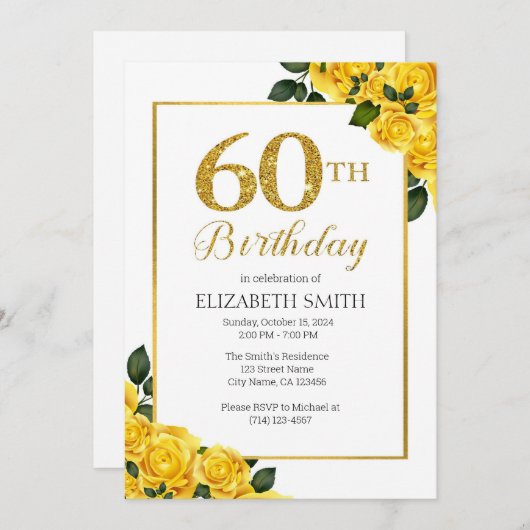 Golden Glitter 60e Verjaardagsuitnodiging Sjabloon Kaart (Voorkant / Achterkant)