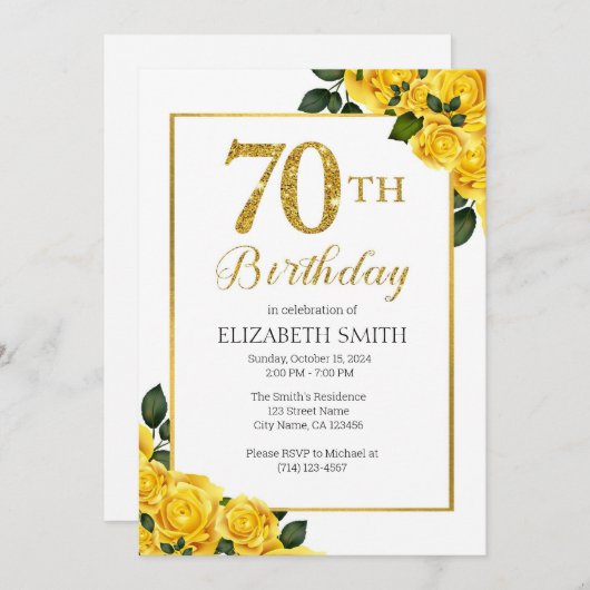Golden Glitter 70e Verjaardagsuitnodiging Sjabloon Kaart (Voorkant / Achterkant)