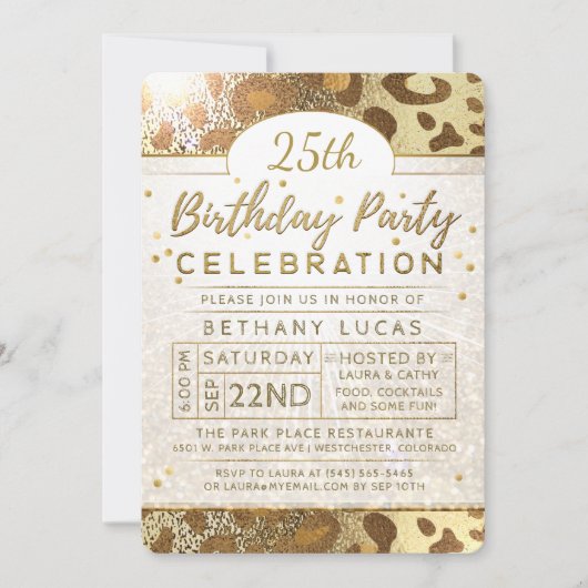 Golden Glitter Animal Print Birthday Party Kaart (Voorkant)