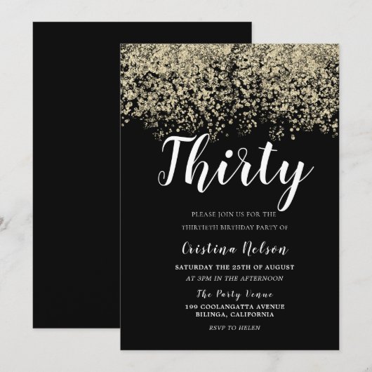 Golden Glitter Black Mannen of Womans 30th Birthda Kaart (Voorkant / Achterkant)