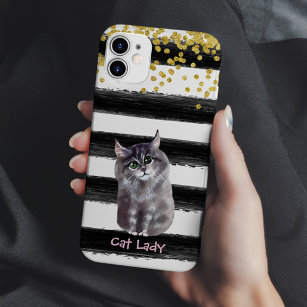 Golden Glitter Black Stripes Cat Illustration Case-Mate iPhone Case