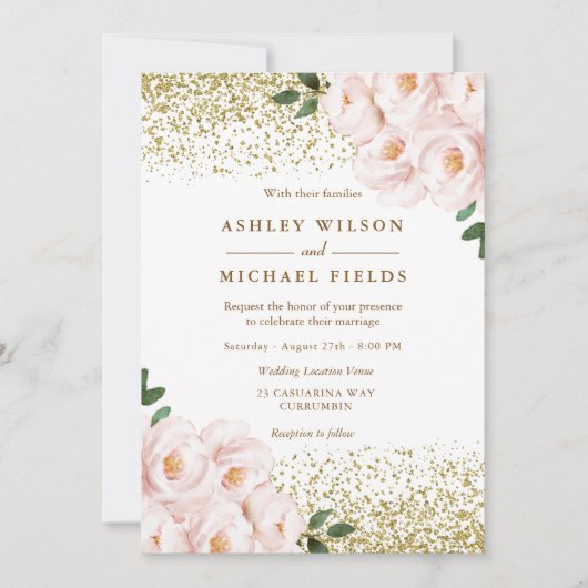 Golden Glitter Blush Flowers Elegant Wedding Kaart (Voorkant)