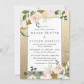 Golden Glitter Blush White Floral Elegant Wedding Kaart (Voorkant)