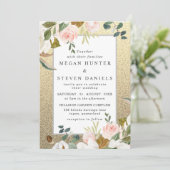 Golden Glitter Blush White Floral Elegant Wedding Kaart (Staand voorkant)