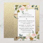 Golden Glitter Blush White Floral Elegant Wedding Kaart (Voorkant / Achterkant)