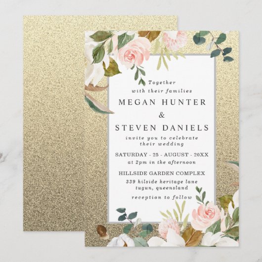 Golden Glitter Blush White Floral Elegant Wedding Kaart (Voorkant / Achterkant)