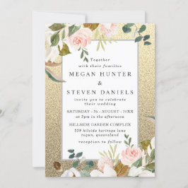 Golden Glitter Blush White Floral Elegant Wedding Kaart