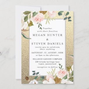 Golden Glitter Blush White Floral Elegant Wedding Kaart