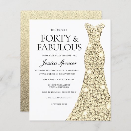 Golden Glitter Dress 40th Birthday Budget Invite (Voorkant / Achterkant)