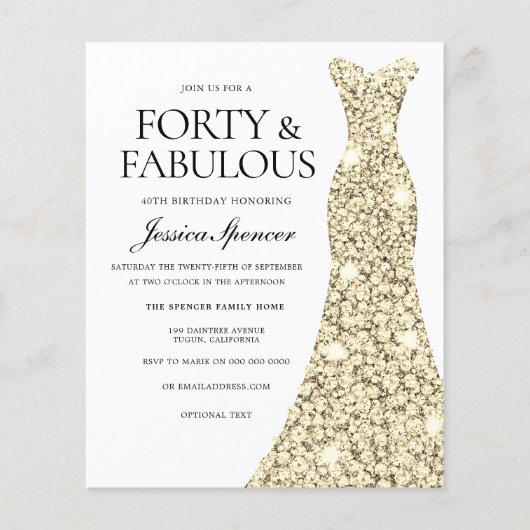 Golden Glitter Dress 40th Birthday Budget Invite (Voorkant)