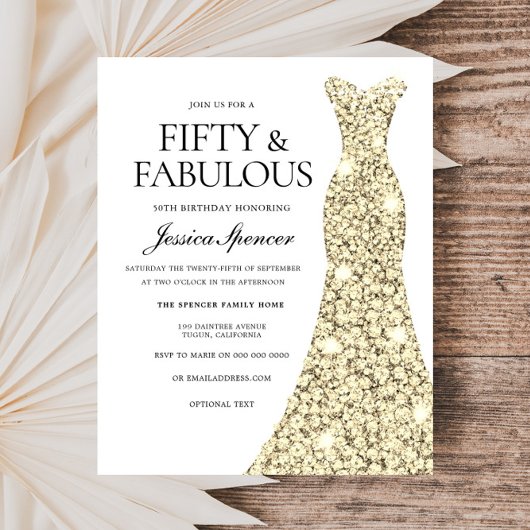 Golden Glitter Dress 50th Birthday Budget Invite