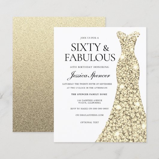 Golden Glitter Dress 60th Birthday Budget Invite (Voorkant / Achterkant)