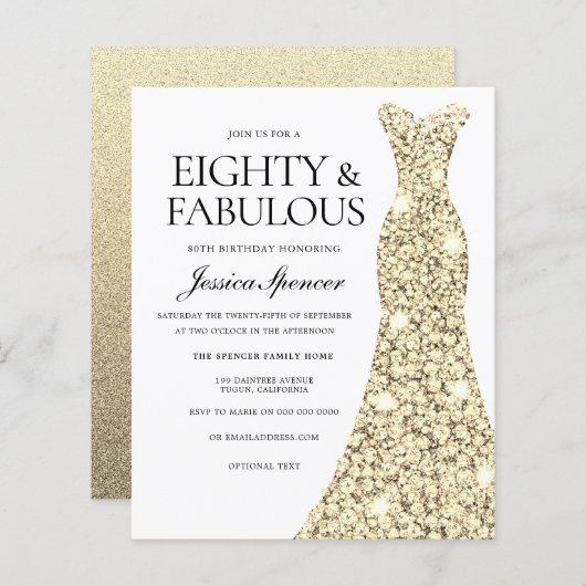 Golden Glitter Dress 80th Birthday Budget Invite (Voorkant / Achterkant)