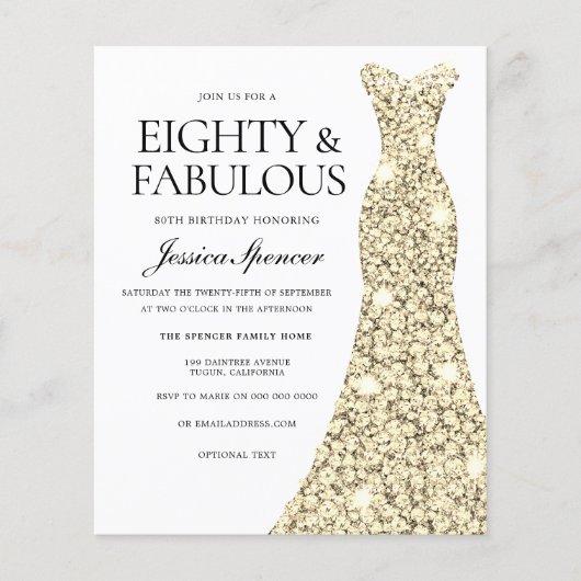 Golden Glitter Dress 80th Birthday Budget Invite (Voorkant)