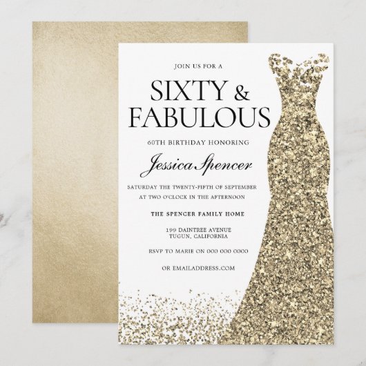 Golden Glitter Dress Womans 60th Birthday Party Kaart (Voorkant / Achterkant)