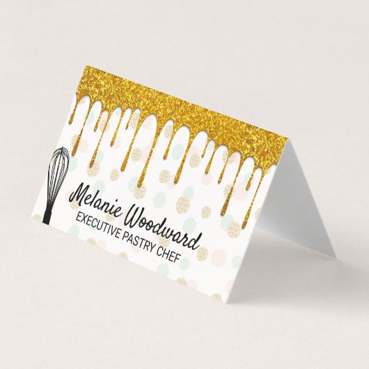 Golden Glitter Drip | Polka Dot en Whisk Visitekaartje (Voorkant)