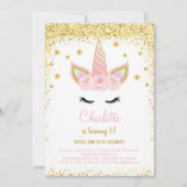 Golden Glitter Eenhoorn Verjaardag Uitnodigen Kaart (Voorkant)