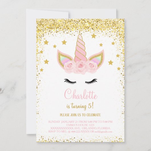 Golden Glitter Eenhoorn Verjaardag Uitnodigen Kaart (Voorkant)