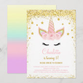 Golden Glitter Eenhoorn Verjaardag Uitnodigen Kaart (Voorkant / Achterkant)