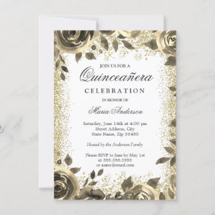Golden Glitter Floral Modern Quinceanera Party Kaart